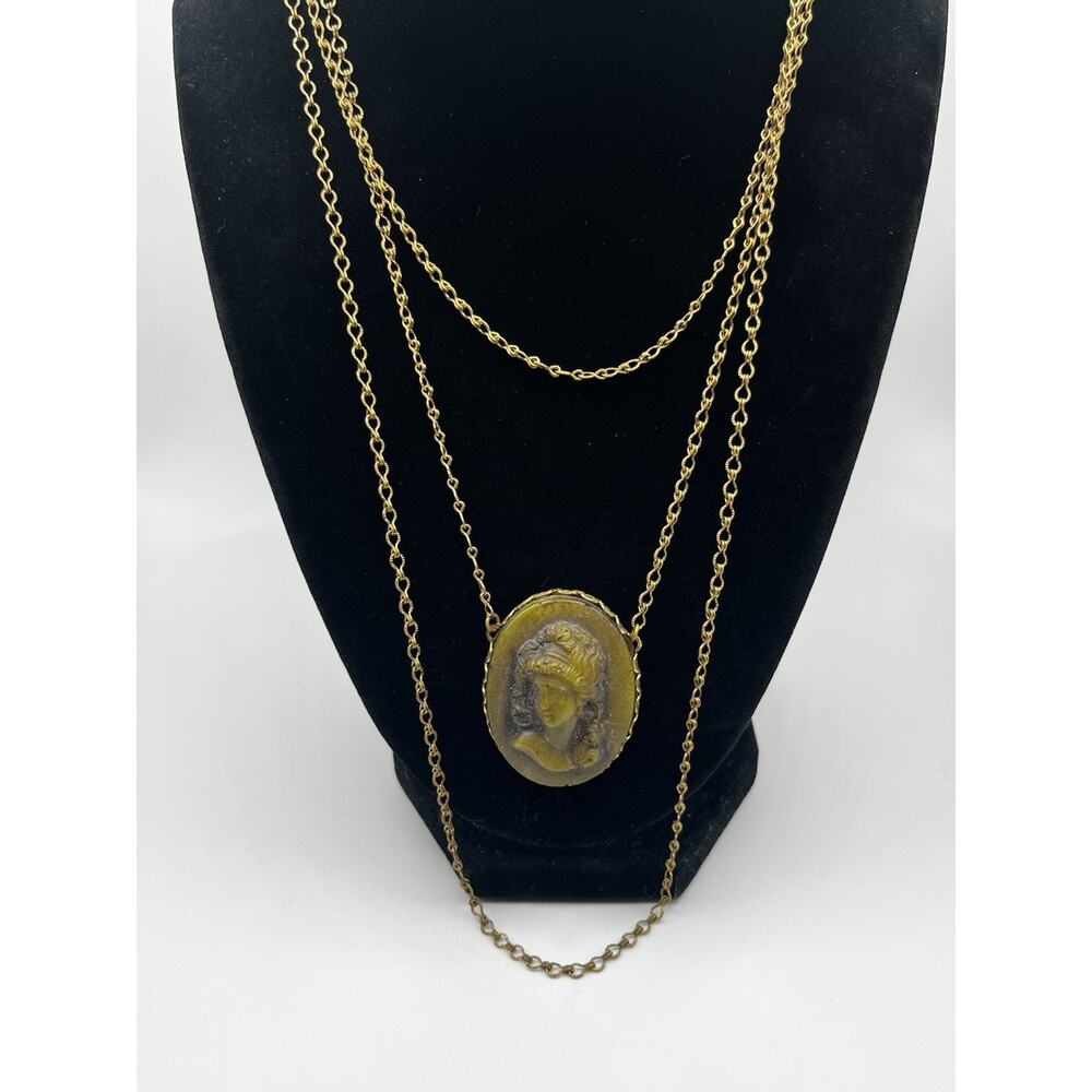 Vintage Cameo Layered Pendant Chain Necklace Gold Tone Victorian Revival Lady